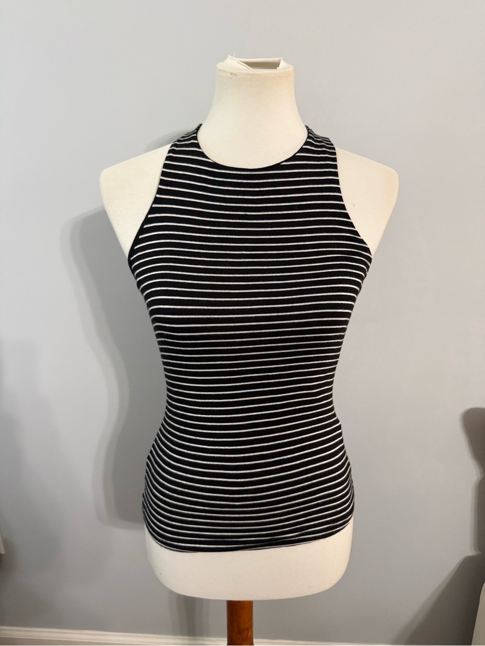 Carly Jean Los Angeles Black & White Striped Halter Ribbed Tank